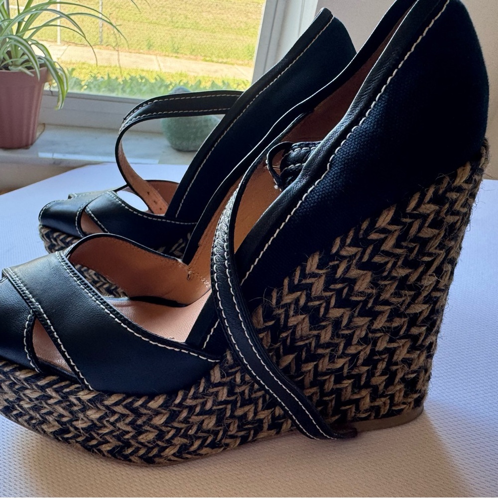 Sergio Rossi Black Woven Espadrille Platform Wedges
